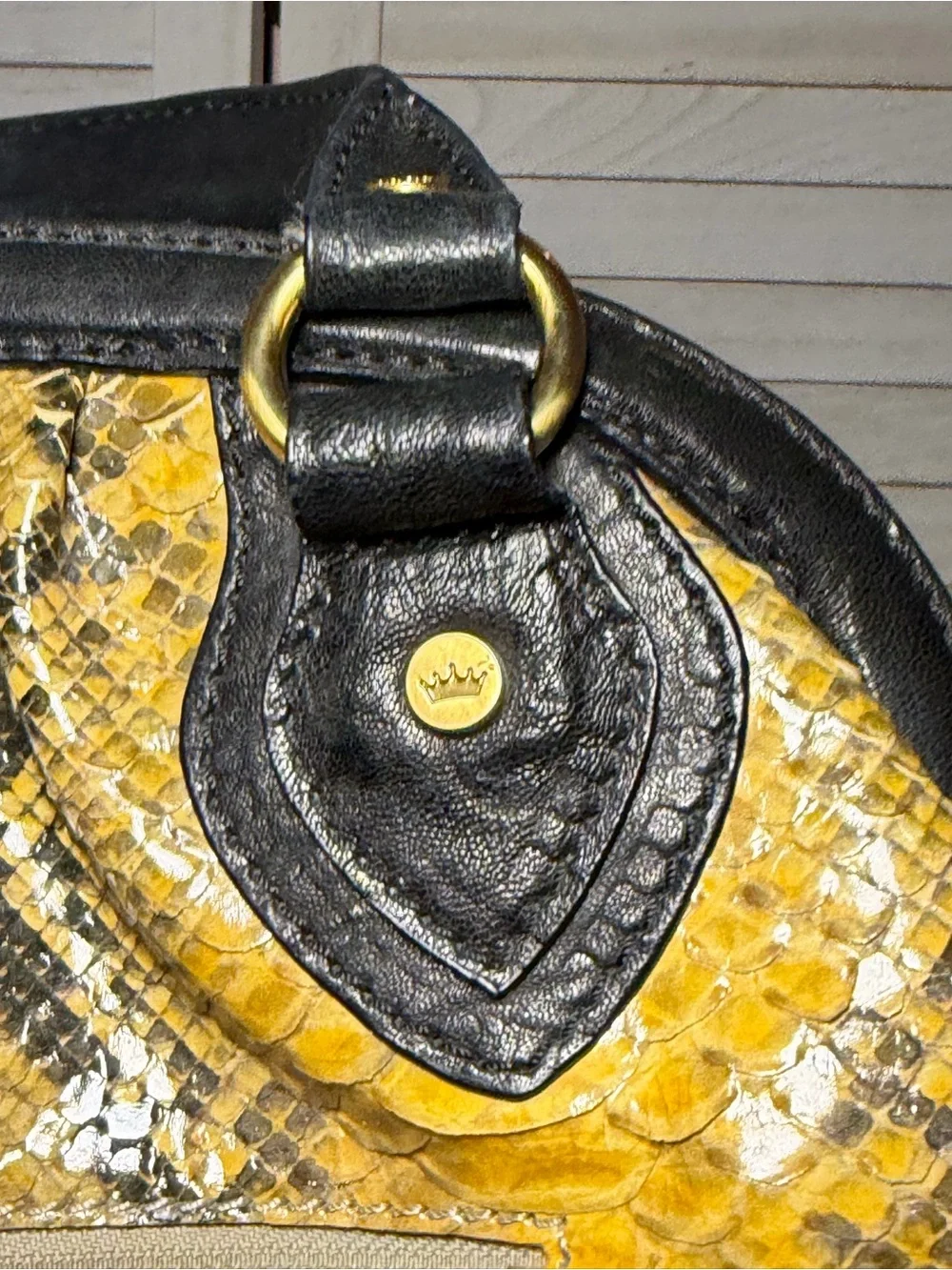 Elaine Turner Yellow Retro Snake-Print Satchel Handbag with Black Trim